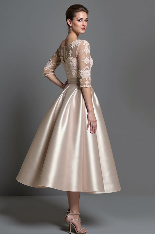 Apricot Satin A Line Long Mother of the Bride Dress with Lace