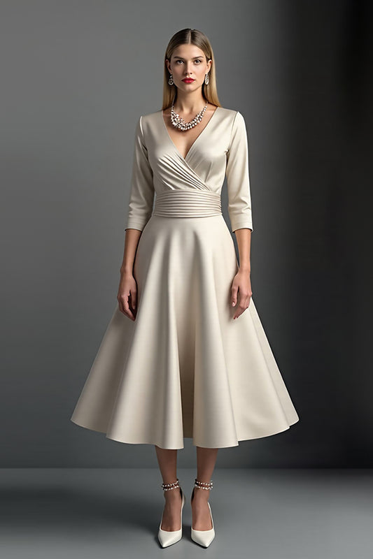 Apricot Satin A Line V-Neck Midi Mother of the Bride Dress