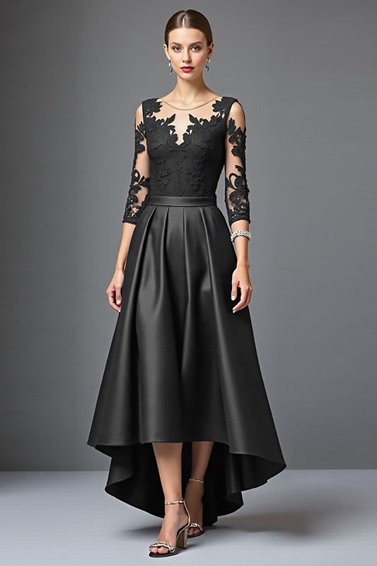 Black Satin A Line Long Mother of the Bride Dress with Lace