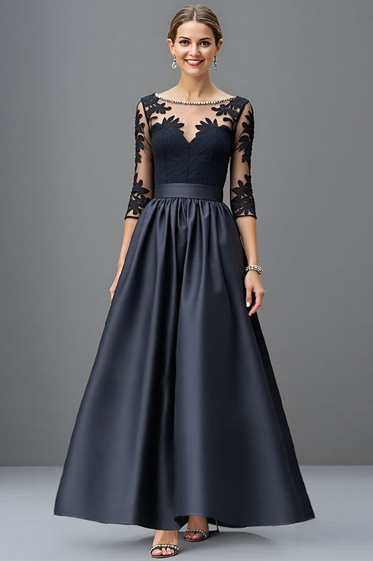Navy Satin A Line Long Mother of the Bride Dress with Lace