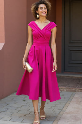 Fuchsia Satin A Line V-Neck Midi Mother of the Bride Dress