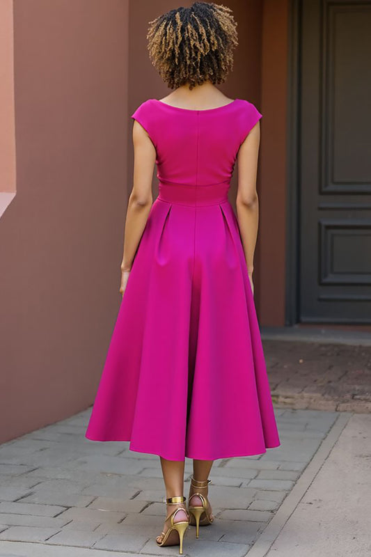 Fuchsia Satin A Line V-Neck Midi Mother of the Bride Dress