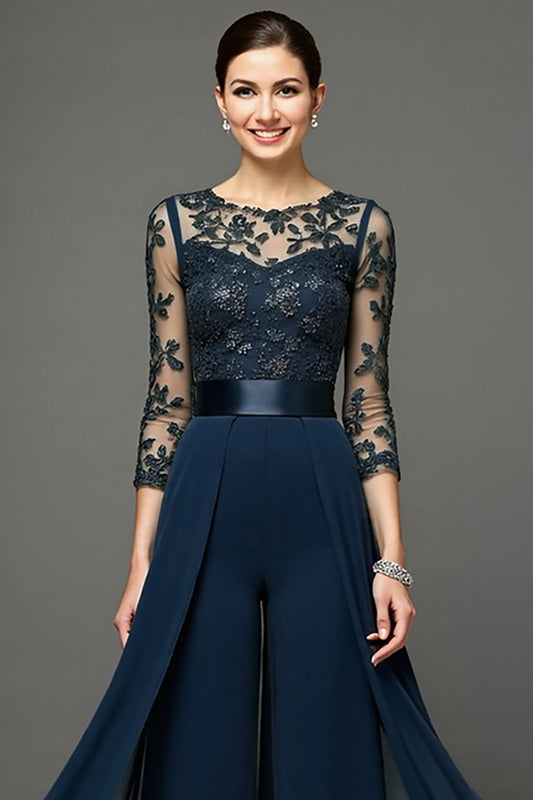 Navy Chiffon Mother of the Bride Pantsuits with Appliques