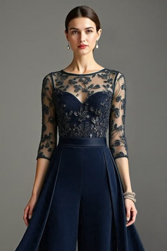 Navy Chiffon Mother of the Bride Pantsuits with Lace