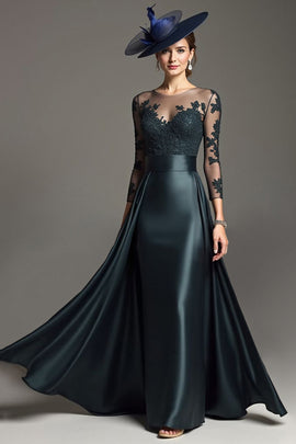 Navy Illusion Neck Long Satin Mother of the Bride Dress with Lace