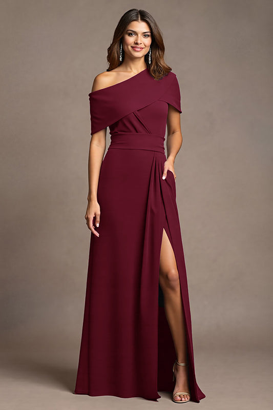 Burgundy Sheath Satin Long Mother of the Bride Dress with Slit