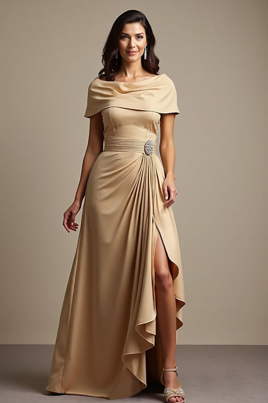 Champagne A Line Satin Ruffled Long Mother of the Bride Dress with Slit