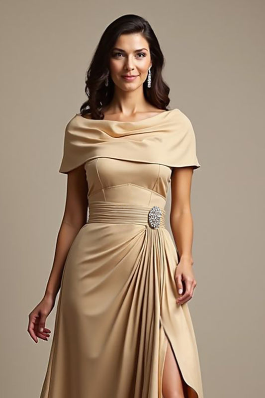 Champagne A Line Satin Ruffled Long Mother of the Bride Dress with Slit