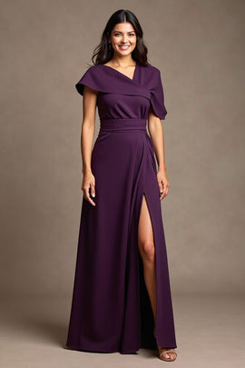 Grape Satin Asymmetrical Neck Long Mother of the Bride Dress with Slit