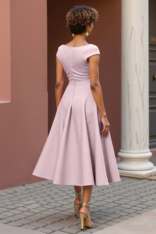 Dusty Rose V-Neck A Line Satin Midi Mother of the Bride Dress