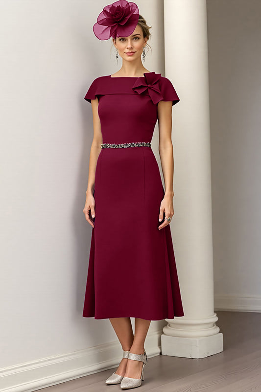 Burgundy A Line Satin Midi Mother of the Bride Dress with Ruffles