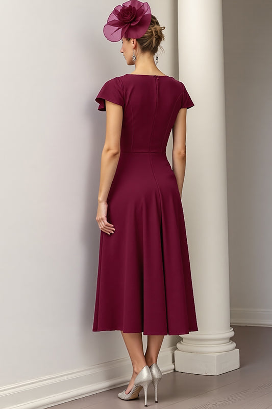Burgundy A Line Satin Midi Mother of the Bride Dress with Ruffles