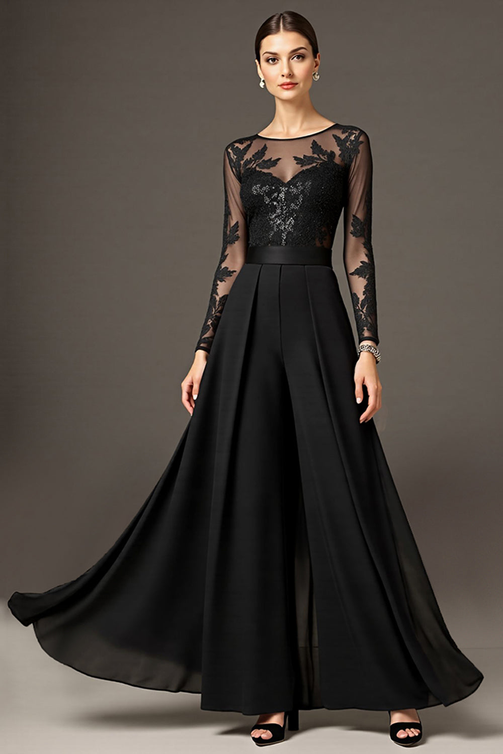 Zapakasa Women Black Chiffon Long Mother of the Bride Jumpsuits with Lace A Line Illusion Neck Wedding Guest Jumpsuits with Sleeves Zapakasa Women Black Chiffon Long Mother of the Bride Jumpsuits with Lace A Line Illusion Neck Wedding Guest Jumpsuits with Sleeves
