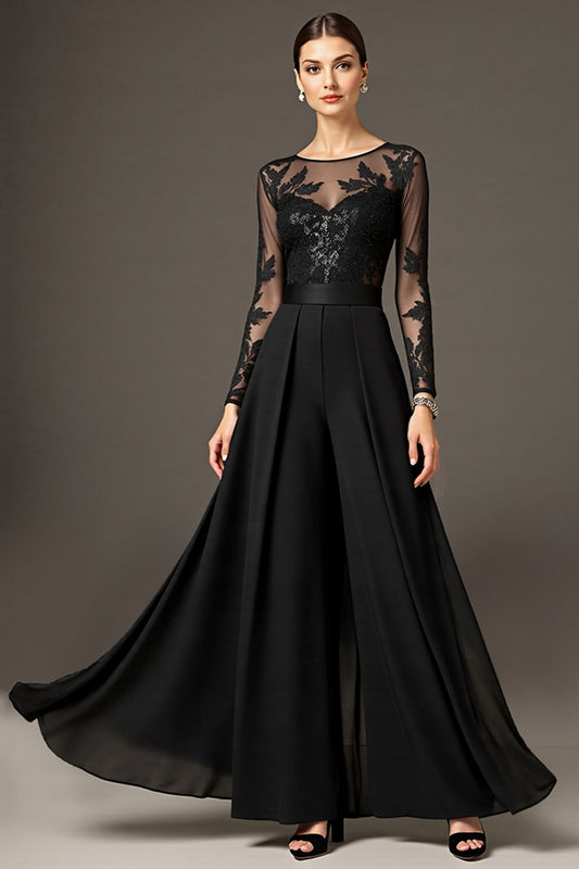 Zapaka Black Chiffon Long Mother of the Bride Dress with Lace A Line Illusion Neck Wedding Guest Dress with Sleeves