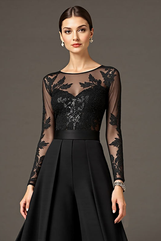 Black A Line Chiffon Long Mother of the Bride Jumpsuits with Lace