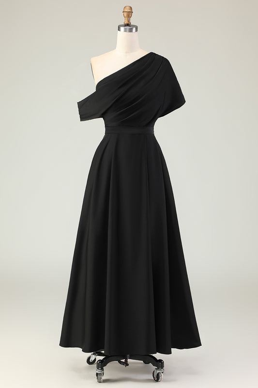 Zapakasa Women Black A Line Long Satin Mother of the Bride Dress with Pockets One Shoulder Ruched Wedding Guest Dress with Sleeves