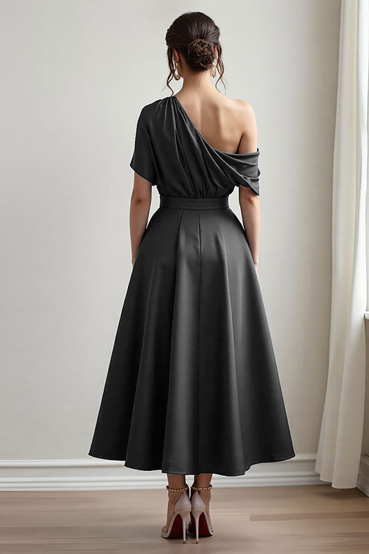 Black A Line Long Satin Mother of the Bride Dress with Pockets