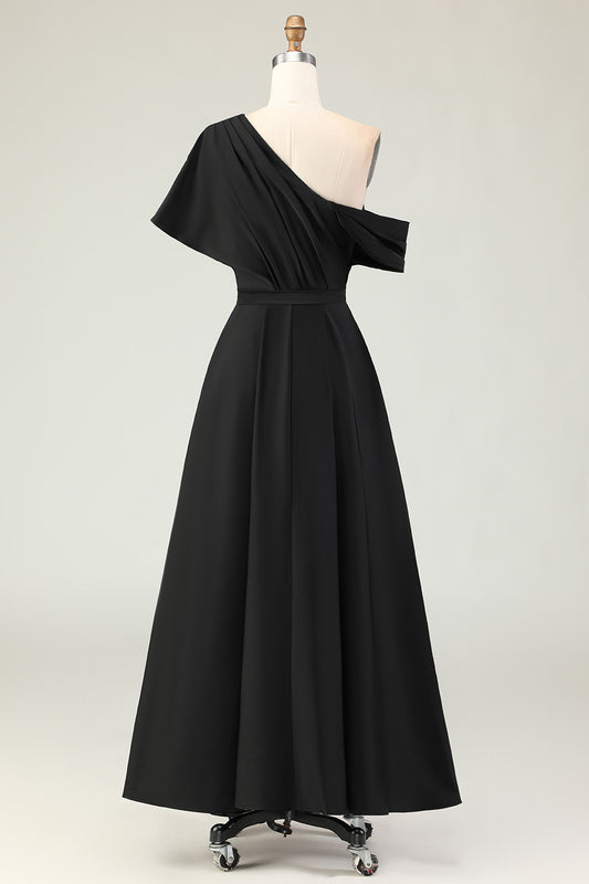 Black A Line Satin Long Mother of the Bride Dress with Pockets