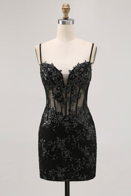 Sparkly Black Corset Tight Spaghetti Straps Short Homecoming Dress with Lace