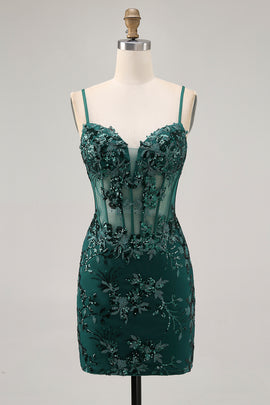 Sparkly Dark Green Corset Tight Short Homecoming Dress with Sequins