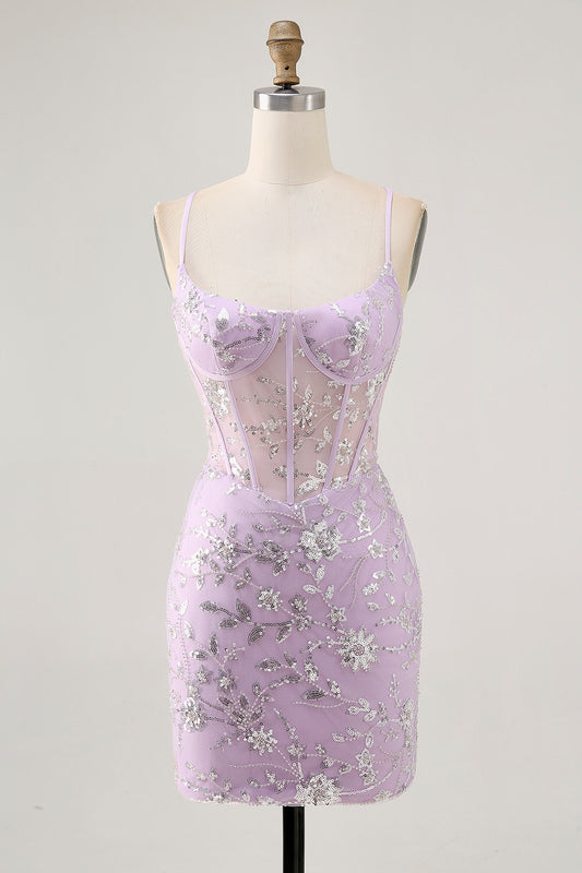 Sparkly Lilac Floral Tight Corset Short Homecoming Dress with Sequins