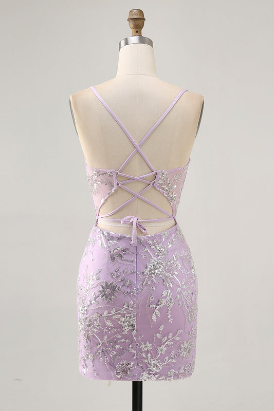 Sparkly Lilac Floral Tight Corset Short Homecoming Dress with Sequins