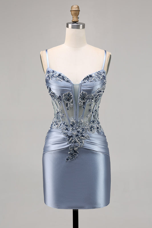 Zapaka Women Grey Blue Corset Short Satin Homecoming Dress with Appliques Tight Spaghetti Straps Hoco Dress