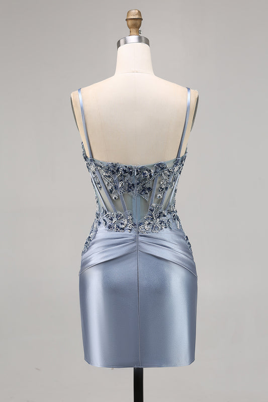 Grey Blue Corset Satin Tight Short Homecoming Dress with Appliques