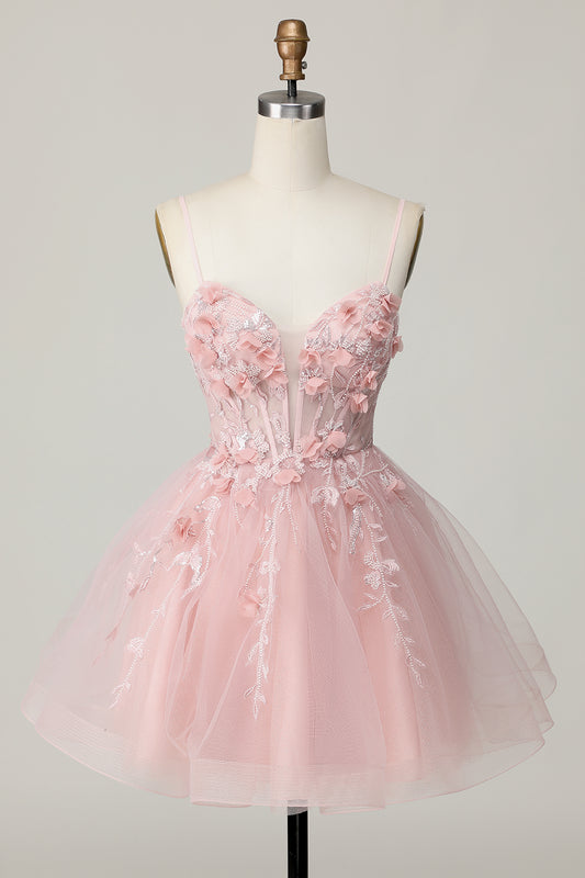 Pink Corset Spaghetti Straps A Line Floral Short Homecoming Dress