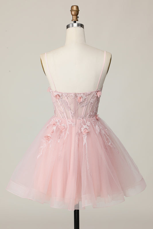 Pink Corset Spaghetti Straps A Line Floral Short Homecoming Dress