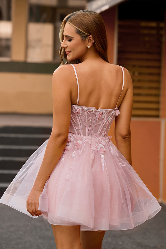 Pink Floral Spaghetti Straps Corset A Line Short Homecoming Dress