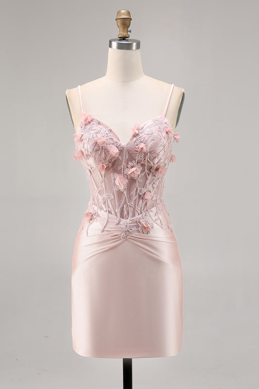 Pink Corset Satin Floral Short Tight Homecoming Dress