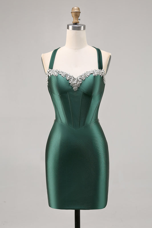 Sparkly Dark Green Corset Satin Short Tight Homecoming Dress with Beading