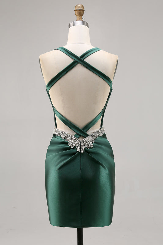 Sparkly Dark Green Corset Satin Short Tight Homecoming Dress with Beading