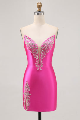 Sparkly Fuchsia Satin Tight Strapless Short Homecoming Dress with Rhinestones