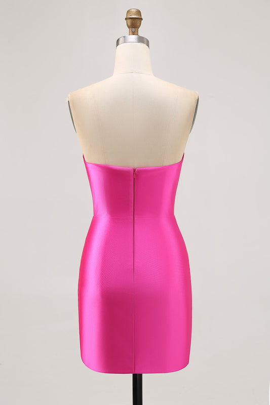 Sparkly Fuchsia Satin Tight Strapless Short Homecoming Dress with Rhinestones