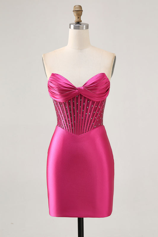 Sparkly Fuchsia Tight Corset Strapless Short Satin Homecoming Dress