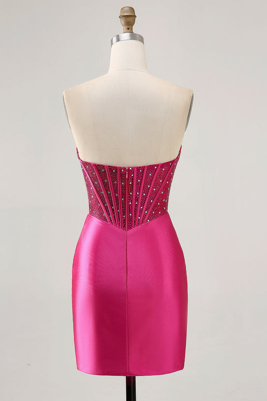 Sparkly Fuchsia Tight Corset Strapless Short Satin Homecoming Dress