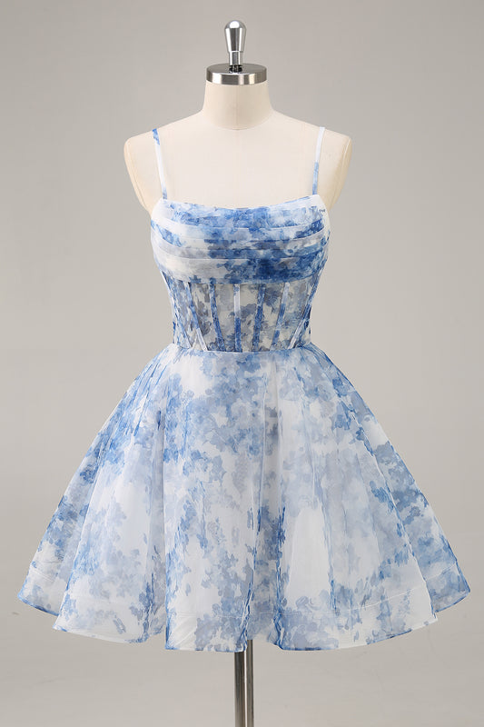 White and Blue Corset Floral Ruched Short Homecoming Dress
