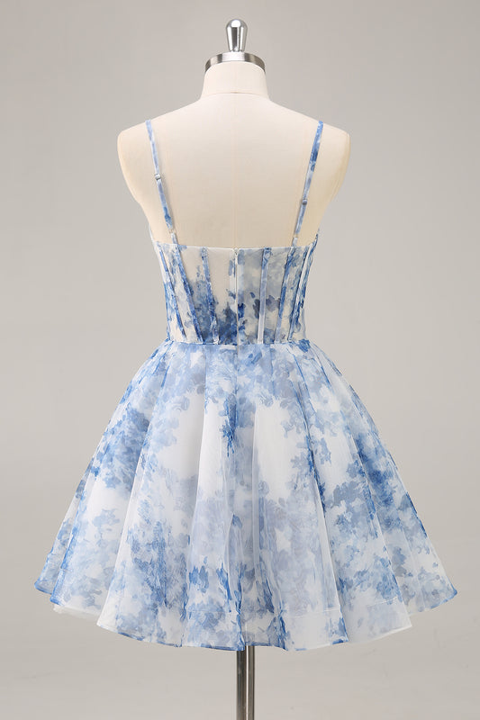 White and Blue Corset Floral Ruched Short Homecoming Dress