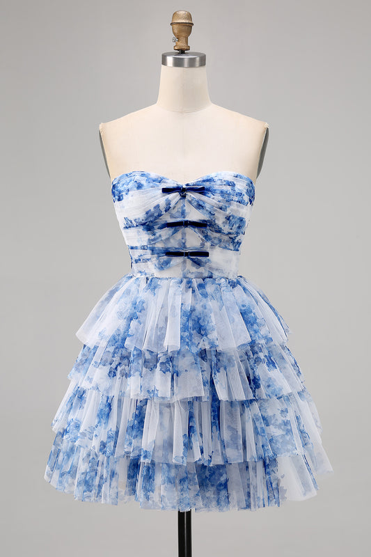 White and Blue Floral Ruffled Sweetheart Short Homecoming Dress with Bows