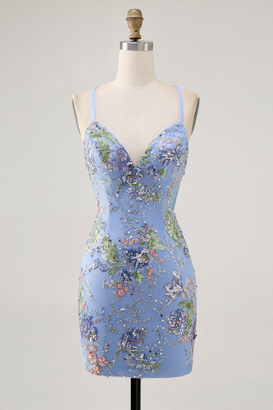 Zapakasa Women Sparkly Blue Floral Tight Short Homecoming Dress with Sequins Beaded Spaghetti Straps Criss Crossed Back Cocktail Dress