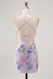 Sparkly Pink Floral Tight Short Homecoming Dress with Beading Sparkly Pink Floral Tight Short Homecoming Dress with Beading