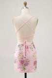 Sparkly Pink Floral Tight Short Homecoming Dress with Beading Sparkly Pink Floral Tight Short Homecoming Dress with Beading