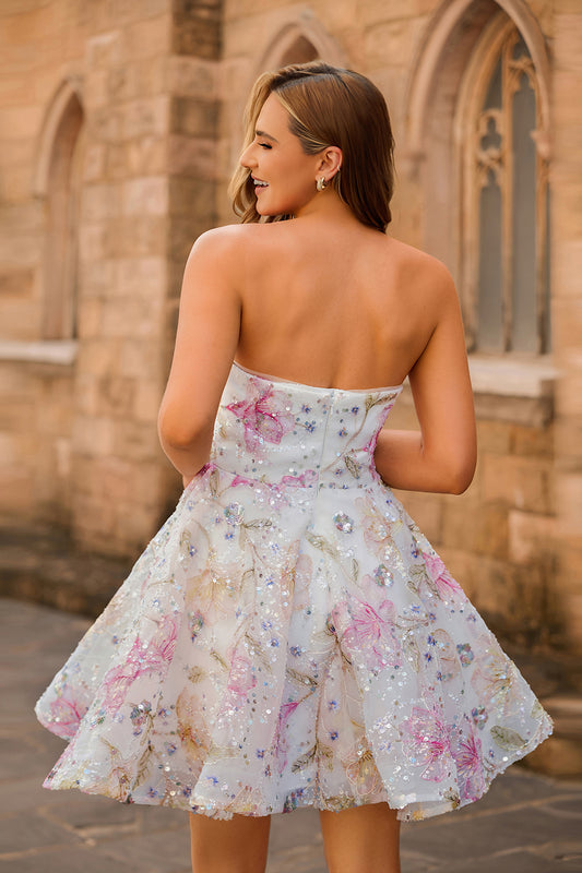 Sparkly Pink Floral Short A Line Homecoming Dress