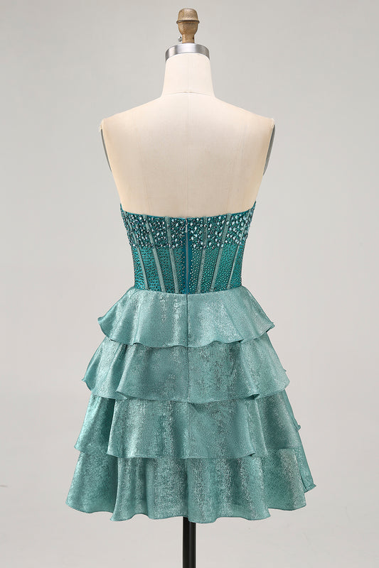 Sparkly Peacock Green Corset Strapless Tiered Short Homecoming Dress