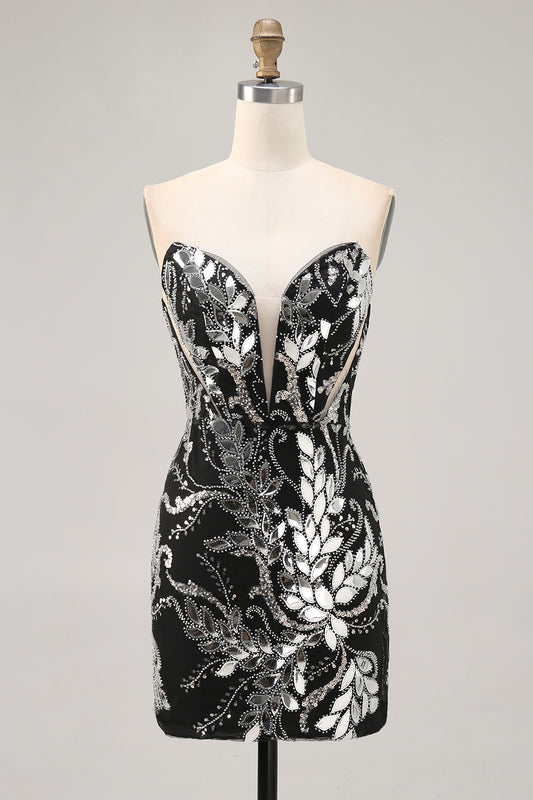 Sparkly Black Strapless Tight Short Mirror Homecoming Dress