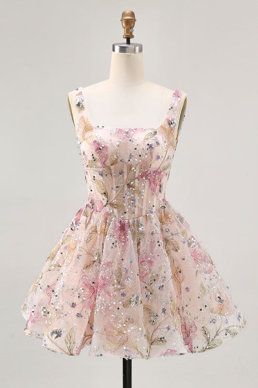 Sparkly Pink Floral Corset Short Homecoming Dress with Sequins Beaded Tulle A Line Lace Up Back Cocktail Dress