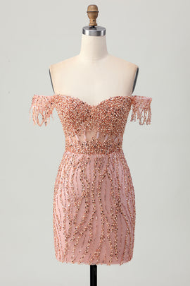Sparkly Dusty Rose Corset Tight Short Homecoming Dress with Beading