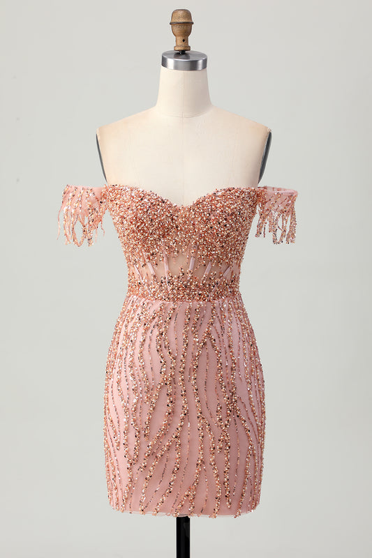 Sparkly Dusty Rose Corset Tight Short Homecoming Dress with Beading